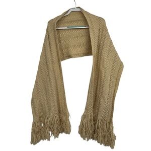 Vintage Hand Knit Metallic Gold Fringe Shawl Wrap 1960s Boho Evening Scarf